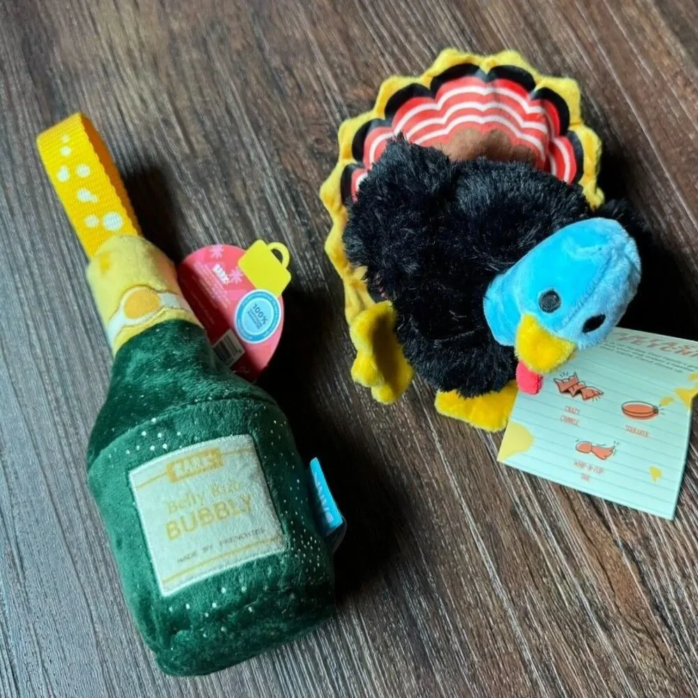 Bark Box Dog Toys: Turkey Tim & Belly Rubbly Bubbly M Squeak Crinkle Holiday NWT